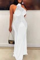 White Sexy Solid Patchwork See-through O Neck Straight Dresses