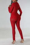 Red Sexy Solid Patchwork See-through Asymmetrical Collar Skinny Jumpsuits