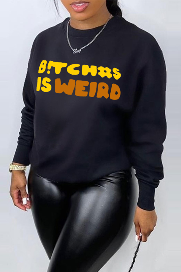 Black Casual Basis Print Letter O Neck Tops