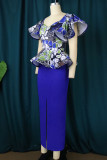 Blue Elegant Print Patchwork Flounce Square Collar One Step Skirt Dresses