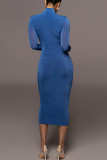 Black Casual Solid Patchwork Half A Turtleneck Pencil Skirt Dresses