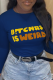 Navy Blue Street Print Letter O Neck Tops