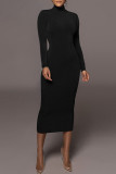 Black Casual Solid Patchwork Half A Turtleneck Pencil Skirt Dresses