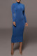 Blue Casual Solid Patchwork Half A Turtleneck Pencil Skirt Dresses