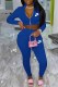 Deep Blue Casual Print Letter Zipper Collar Long Sleeve Two Pieces
