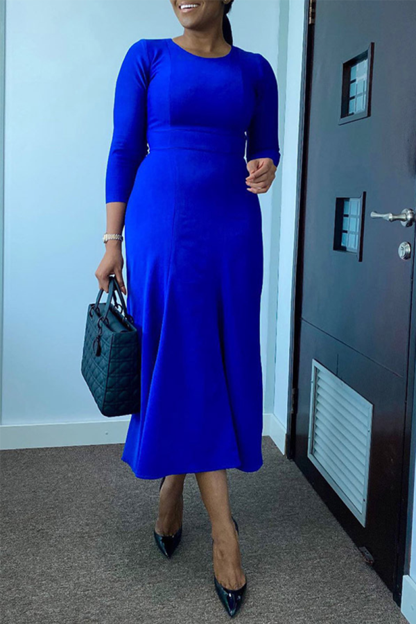 Blue Casual Solid Patchwork O Neck Trumpet Mermaid Dresses