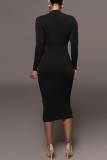 Black Casual Solid Patchwork Half A Turtleneck Pencil Skirt Dresses