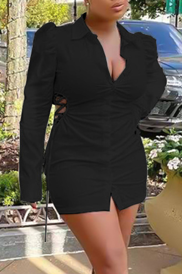 Black Sexy Solid Bandage Hollowed Out Patchwork Buckle Turndown Collar One Step Skirt Dresses