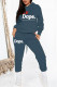 Navy Casual Print Patchwork Hooded Collar Long Sleeve Two Pieces