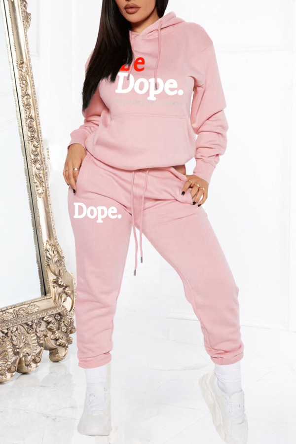 Pink Casual Print Patchwork Hooded Collar Long Sleeve Two Pieces