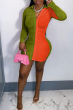 Orange Green Sexy Solid Patchwork Fold V Neck Pencil Skirt Dresses