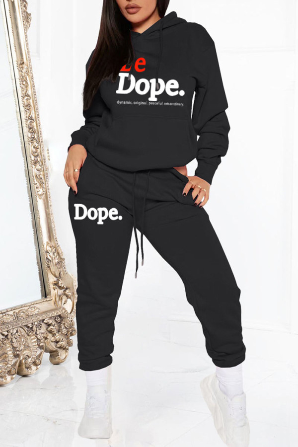 Black Casual Print Patchwork Hooded Collar Long Sleeve Two Pieces