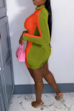 Orange Green Sexy Solid Patchwork Fold V Neck Pencil Skirt Dresses