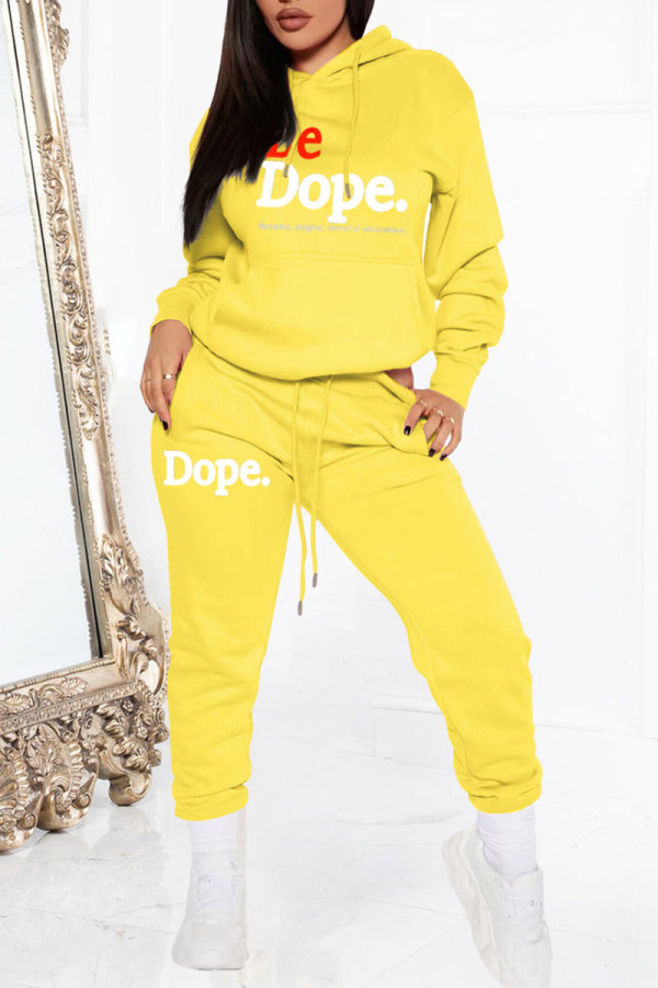Yellow Casual Print Patchwork Hooded Collar Long Sleeve Two Pieces