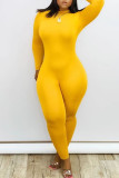 Yellow Sexy Solid Patchwork Zipper O Neck Skinny Jumpsuits