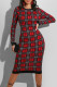 Red Sexy Plaid Print Patchwork O Neck Pencil Skirt Dresses