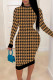 Yellow Sexy Plaid Print Patchwork O Neck Pencil Skirt Dresses