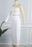 White Elegant Solid Patchwork Oblique Collar Long Sleeve Two Pieces