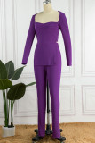 Purple Sexy Solid Patchwork Slit Square Collar Long Sleeve Two Pieces