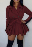 Rose Red Casual Solid Patchwork With Belt Turn-back Collar Straight Dresses
