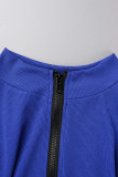 Blue Casual Solid Patchwork Zipper Zipper Collar Skinny Rompers