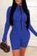 Blue Casual Solid Patchwork Zipper Zipper Collar Skinny Rompers