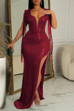 Red Sexy Solid Tassel Sequins Patchwork Backless Slit V Neck Long Dress Dresses