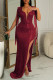 Burgundy Sexy Solid Tassel Sequins Patchwork Backless Slit V Neck Long Dress Dresses
