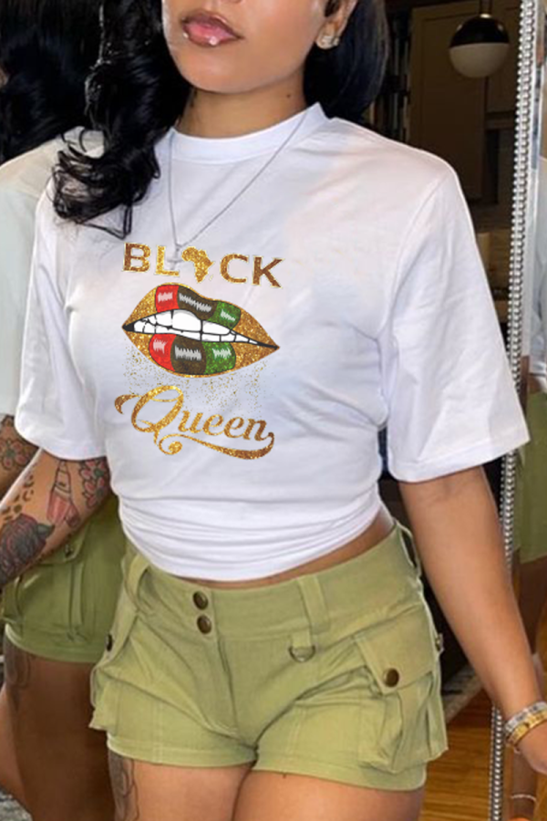 White Simplicity Lips Printed Patchwork O Neck T-Shirts