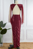 Red Sexy Solid Tassel Sequins Patchwork Backless Slit V Neck Long Dress Dresses