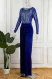 Blue Sexy Solid Patchwork See-through Hot Drill O Neck Straight Jumpsuits