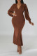 Brown Casual Solid Patchwork V Neck Long Sleeve Dresses