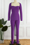Purple Sexy Solid Patchwork Slit Square Collar Long Sleeve Two Pieces