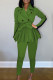 Green Casual Solid Patchwork With Belt Turn-back Collar Long Sleeve Two Pieces