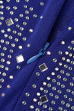 Blue Sexy Solid Patchwork See-through Hot Drill O Neck Straight Jumpsuits