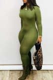 Green Sexy Solid Patchwork Zipper O Neck Skinny Jumpsuits