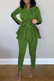 Green Casual Solid Patchwork With Belt Turn-back Collar Long Sleeve Two Pieces