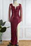 Red Sexy Solid Tassel Sequins Patchwork Backless Slit V Neck Long Dress Dresses