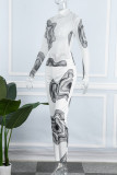 White Sexy Print Patchwork Half A Turtleneck Long Sleeve Two Pieces