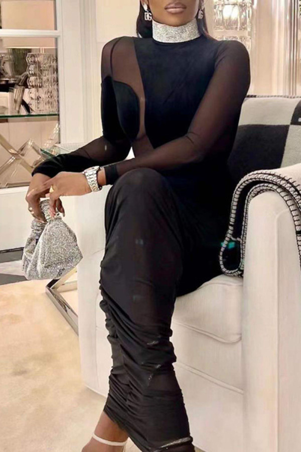 Black Sexy Solid Patchwork See-through Fold Turtleneck Pencil Skirt Dresses