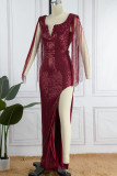 Red Sexy Solid Tassel Sequins Patchwork Backless Slit V Neck Long Dress Dresses