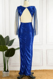 Red Sexy Solid Tassel Sequins Patchwork Backless Slit V Neck Long Dress Dresses