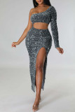 Grey Sexy Solid Hollowed Out Sequins Patchwork Slit Oblique Collar Long Dress Dresses