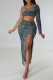 Grey Sexy Solid Hollowed Out Sequins Patchwork Slit Oblique Collar Long Dress Dresses