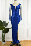 Red Sexy Solid Tassel Sequins Patchwork Backless Slit V Neck Long Dress Dresses