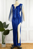 Red Sexy Solid Tassel Sequins Patchwork Backless Slit V Neck Long Dress Dresses