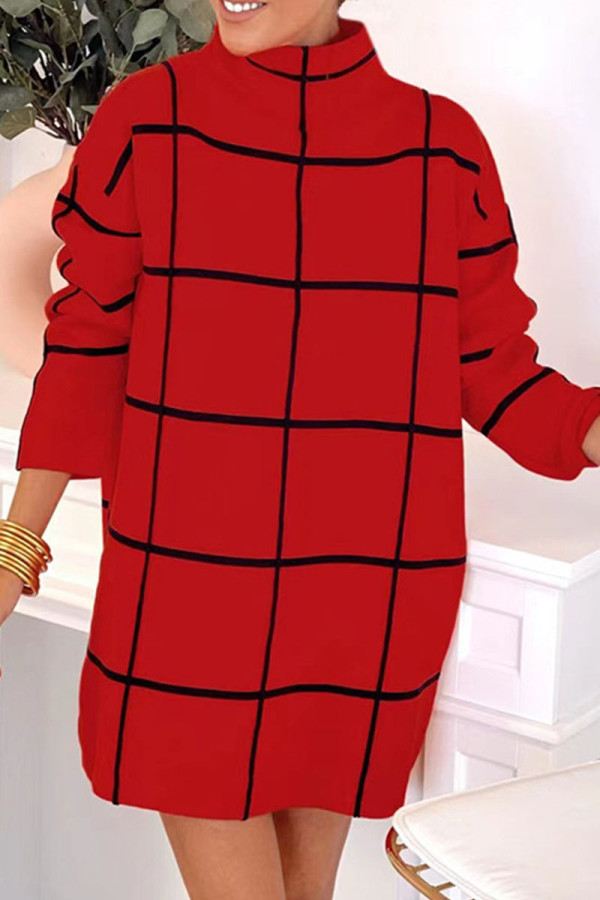 Red Casual Print Patchwork Half A Turtleneck Straight Dresses