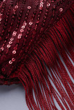 Red Sexy Solid Tassel Sequins Patchwork Backless Slit V Neck Long Dress Dresses