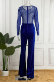 Blue Sexy Solid Patchwork See-through Hot Drill O Neck Straight Jumpsuits
