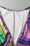 Purple Casual Print Bandage Patchwork V Neck Straight Plus Size Dresses